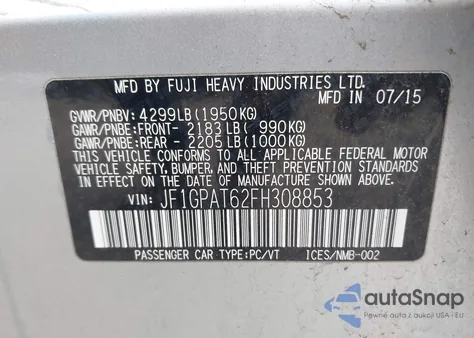 2015 Subaru Impreza 2.0I Sport Premium from USA, damaged, VIN JF1GPAT62FH308853